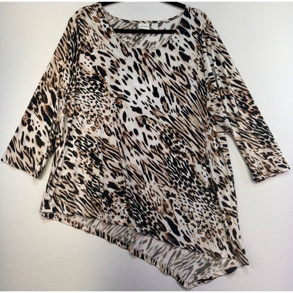 Chicos Leopard Print Asymmetrical Hem Tunic Top Size 3 Black Tan Cream Stretch